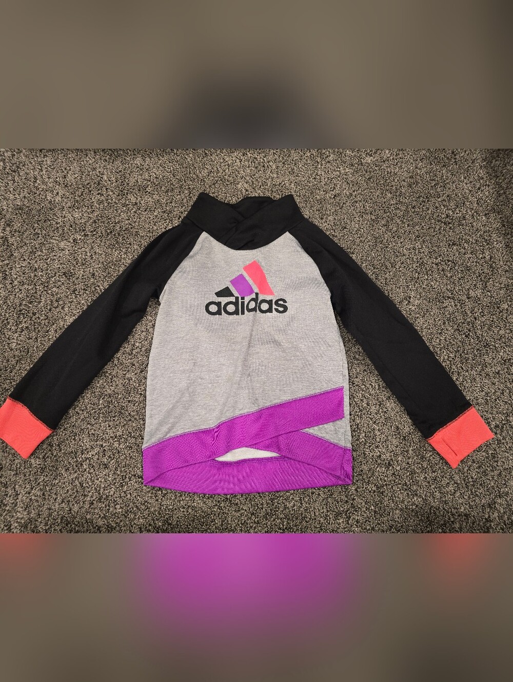 Girls Adidas Grey Sweatshirt with Black Sleeves and Pink/Purple/Coral Logo